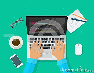 Programmer coding on laptop computer on work desk vector illustration, cartoon flat freelancer sitting on working table Vector Illustration