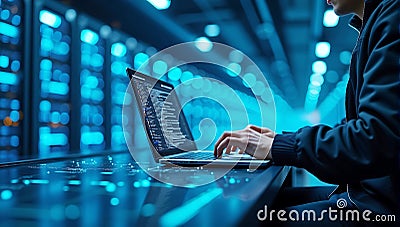 Programmer or Computer Engineer working on a laptop with server room, Futuristic data center, hands typing on laptop, blue Stock Photo