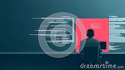 Programmer in a dark room working on coding projects with colorful screens and digital elements showing complex data flow Stock Photo