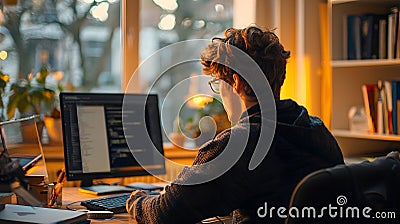 A programmer deeply focused on coding in a warmly lit room Stock Photo