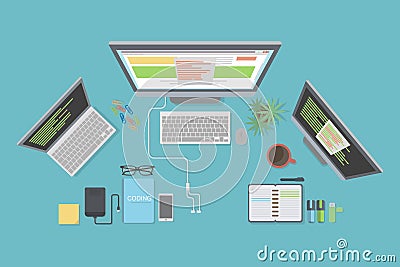 Programmer desk mockup. Vector Illustration