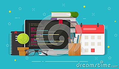 Programmer desktop and computer screen and code vector illustration, flat cartoon programming on pc or coding workplace Vector Illustration