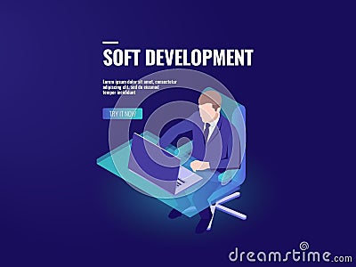 Programmer development a software, programming isometric, business analytics and data processing, hr manager Vector Illustration