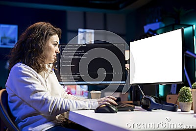 Programmer doing software debugging on isolated screen PC Stock Photo