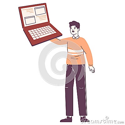 Programmer, IT engineer holding huge laptop. Professional coder, tiny office worker carrying big computer flat vector illustration Vector Illustration