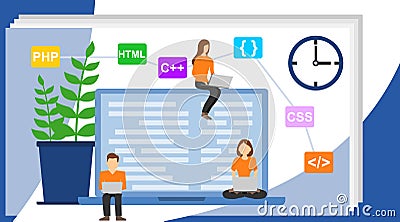 Programmer and engineering development illustration. Programmer at work concept. Can use for web banner Vector Illustration
