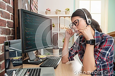 Programmer feeling difficult talking with customer Stock Photo