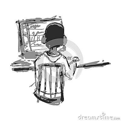 Programmer gamer concept at computer in doodle style Vector Illustration