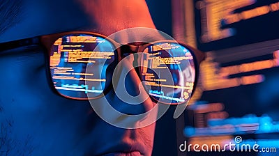 Programmer Glasses Reflecting Code Stock Photo