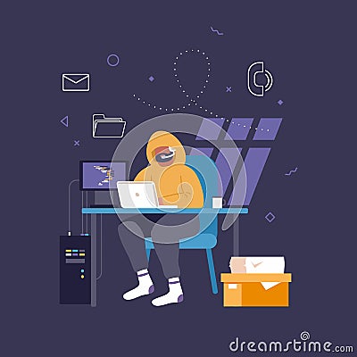 Programmer hacker working on front of his laptop writing code in the middle of night vector graphic illustration. Keep Vector Illustration