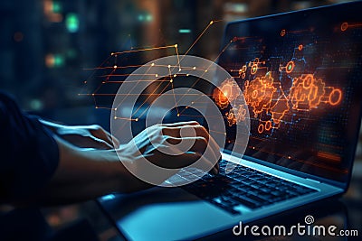 Programmer hand using laptop analyzing data on futuristic virtual interface. write code. Algorithm. Stock Photo