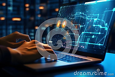Programmer hand using laptop analyzing data on futuristic virtual interface. Stock Photo