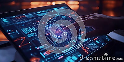 programmer hands typing laptop night vibrant colors data flow coding Stock Photo