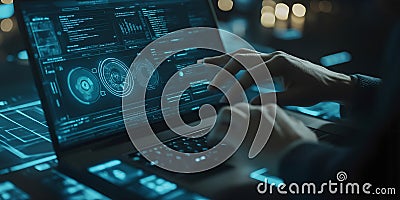 programmer hands typing laptop night vibrant colors data flow coding Stock Photo