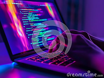 programmer hands typing laptop night vibrant colors data flow coding Stock Photo