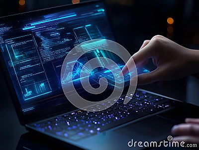 programmer hands typing laptop night vibrant colors data flow coding Stock Photo