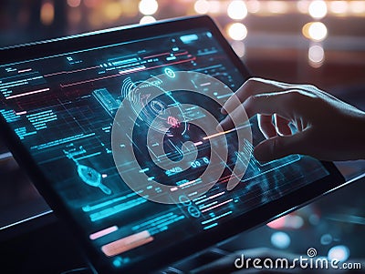 programmer hands typing laptop night vibrant colors data flow coding Stock Photo