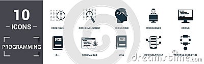 Programmer icon set. Contain filled flat coding, coding mind, app development, program algorithm, java, code development, code Stock Photo