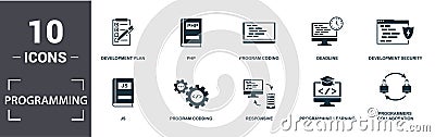 Programmer icon set. Contain filled flat development plan, programming learning, js, laptop coding, responsive, program coding Stock Photo