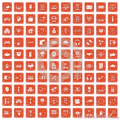 100 programmer icons set grunge orange Vector Illustration