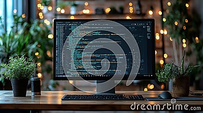 A programmer in the office utilizes generative stock with the help of an AI chat bot. Virtual chatBot technology trend Stock Photo