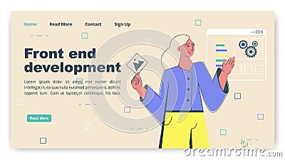 Programmer person develop computer and phone website interface. Front end development. Vector Illustration