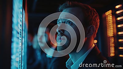Programmer at a privacy data leak analysis screen in a big data server room Stock Photo