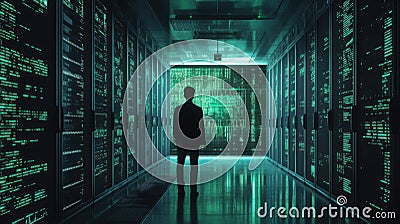 Programmer at a privacy data leak analysis screen in a big data server room Stock Photo