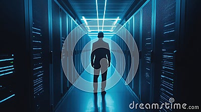 Programmer at a privacy data leak analysis screen in a big data server room Stock Photo