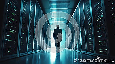 Programmer at a privacy data leak analysis screen in a big data server room Stock Photo