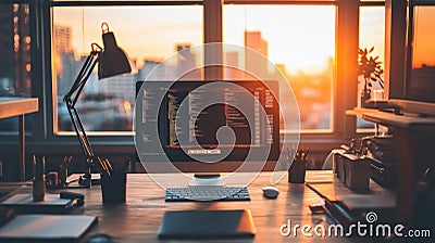 A programmer's desk with a computer monitor displaying code during a beautiful sunset Stock Photo