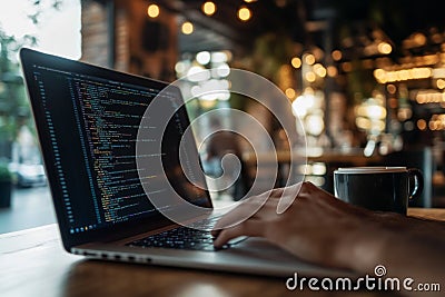 A programmer's hand on a laptop with code visible on the screen in a cafe setting Stock Photo