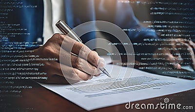 A programmer's hand writes on a document, with lines of code overlaid, suggesting a connection between Stock Photo