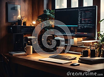 programmer's workplace with a monitor on a wooden table with bright lighting Stock Photo