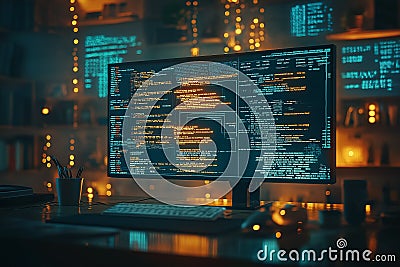 A programmer's workspace illuminated by colorful code at night, reflecting creativity and innovation. Generative AI Stock Photo