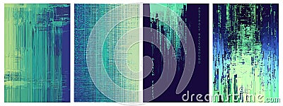 Programmer screen glitch effect backgrounds set. Program code error. Blue green neon colored stripes. Technology data Vector Illustration