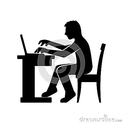 Programmer Silhouette Working on His Computer. Vector Illustration