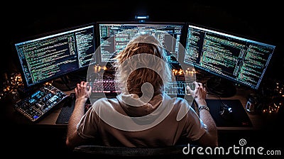 A programmer sits surrounded by multiple screens displaying code, in a dark room, showcasing intense focus and technical Stock Photo