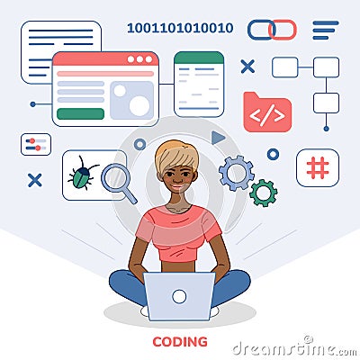 Programmer tester female character Doodle illustration. African American Girl programmer coder at computer. Vector Illustration