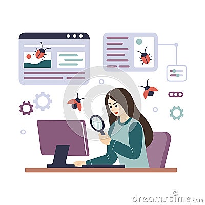 Programmer tester female character cartoon illustration. Girl programmer tester at computer, finding program bugs. Vector Illustration