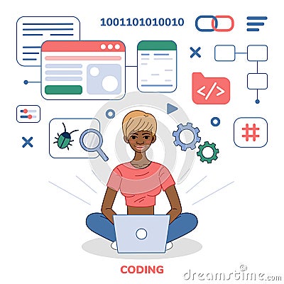 Programmer tester female character Doodle illustration. African American Girl programmer coder at computer. Vector Illustration