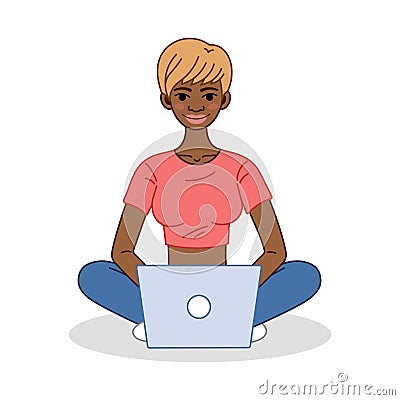 Programmer tester girl character Doodle illustration. African American Girl programmer, coder, web designer at computer. Vector Illustration