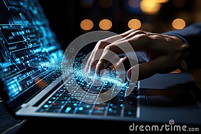 Programmer Typing New Code. Laptop and Hand Closeup. Working Time Stock Photo