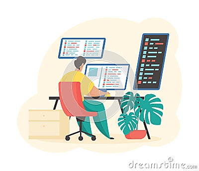 Programmer at work. Male character writes software for computer Vector Illustration