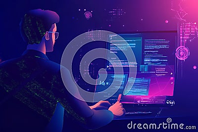 Programmer Working with Code on Multiple Screens in a Futuristic Setting Cartoon Illustration