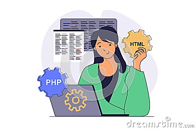 Programmer working concept with cartoon people in flat design for web. Woman programming software at screens Vector Illustration