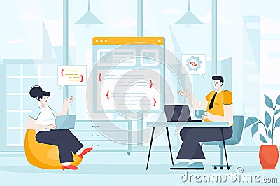 Programmer working concept in flat design. Colleagues works in office Vector Illustration