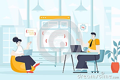 Programmer working concept in flat design. Colleagues works in office scene. Man and woman coding, create website, app or program Vector Illustration