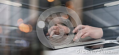 Programmer working on laptop with algorithm Stock Photo