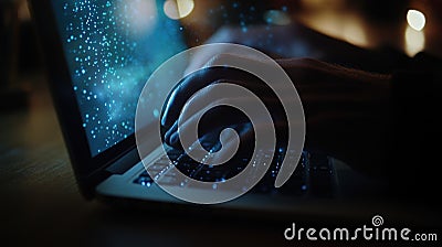 Programmer working on laptop with futuristic code displayed on screen Stock Photo